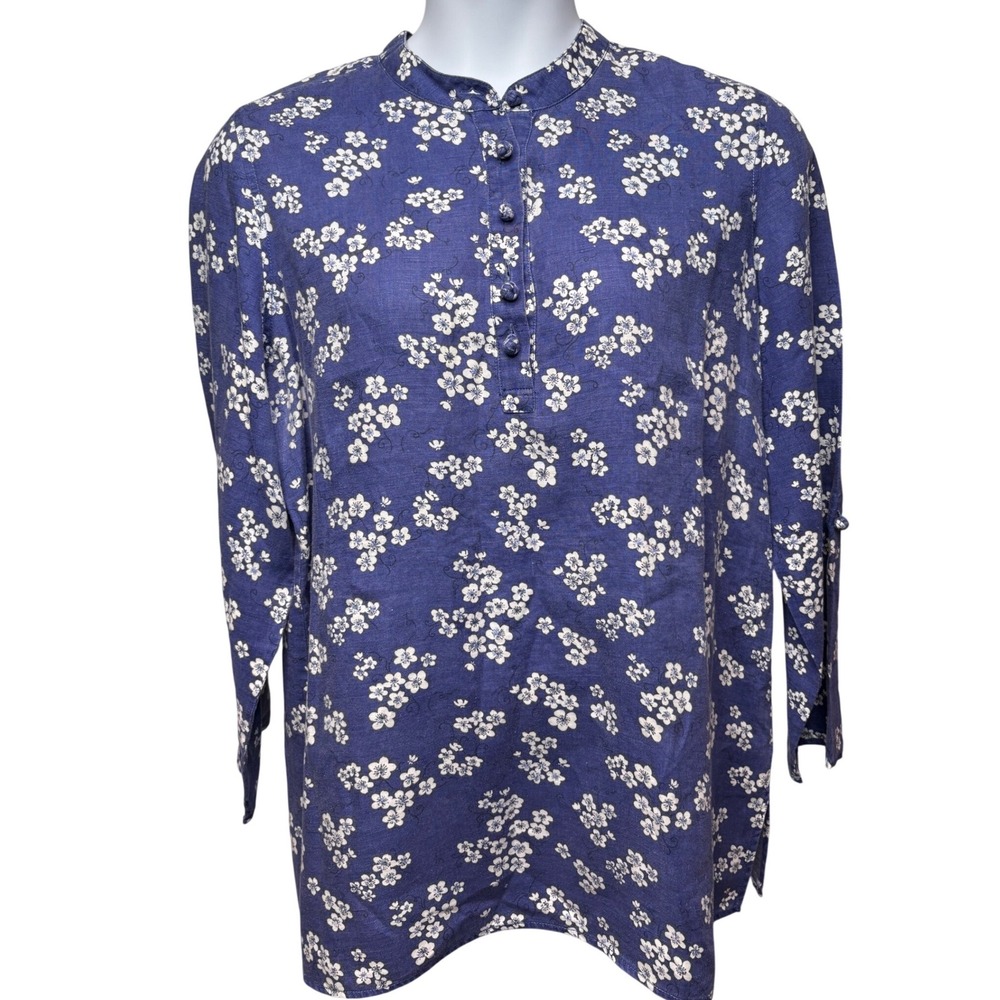 LIZ CLAIBORNE Womens Blue Linen Floral Tunic Top L Roll Tab Slvs Chic Lagenlook